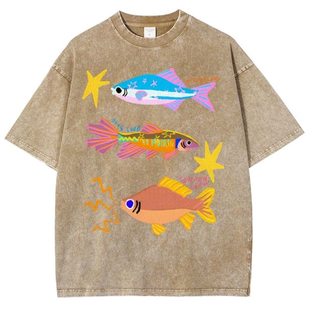 Unisex Colorful Cartoon Fish Printed Washed Tee