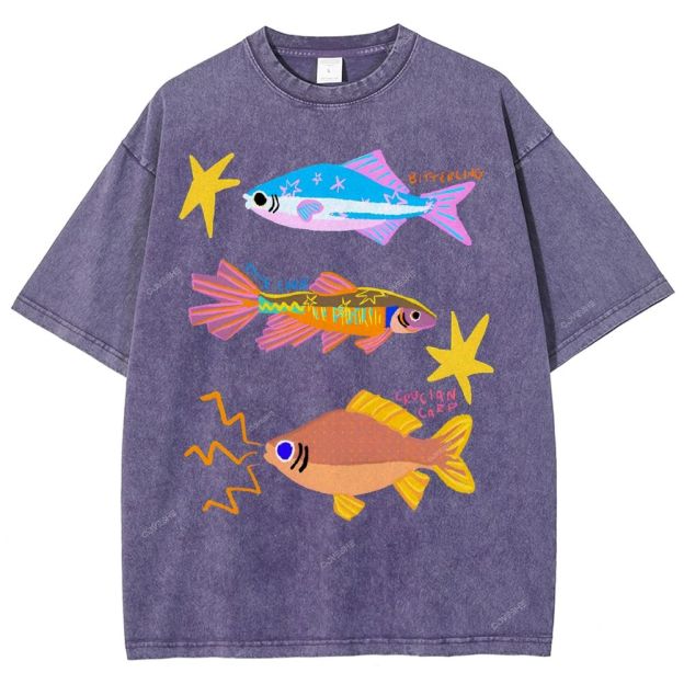Unisex Colorful Cartoon Fish Printed Washed Tee