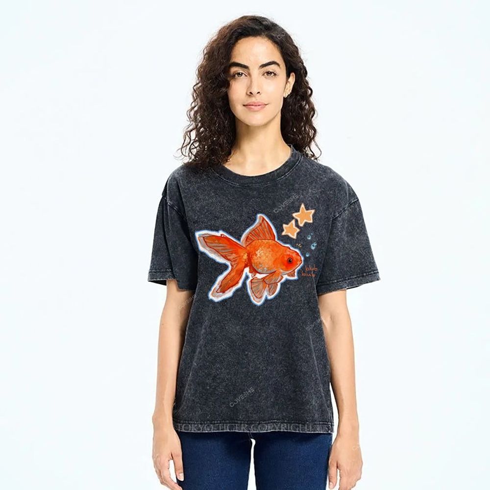 Unisex Goldfish Printed Washed Tee