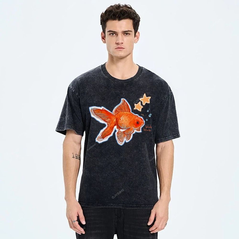 Unisex Goldfish Printed Washed Tee