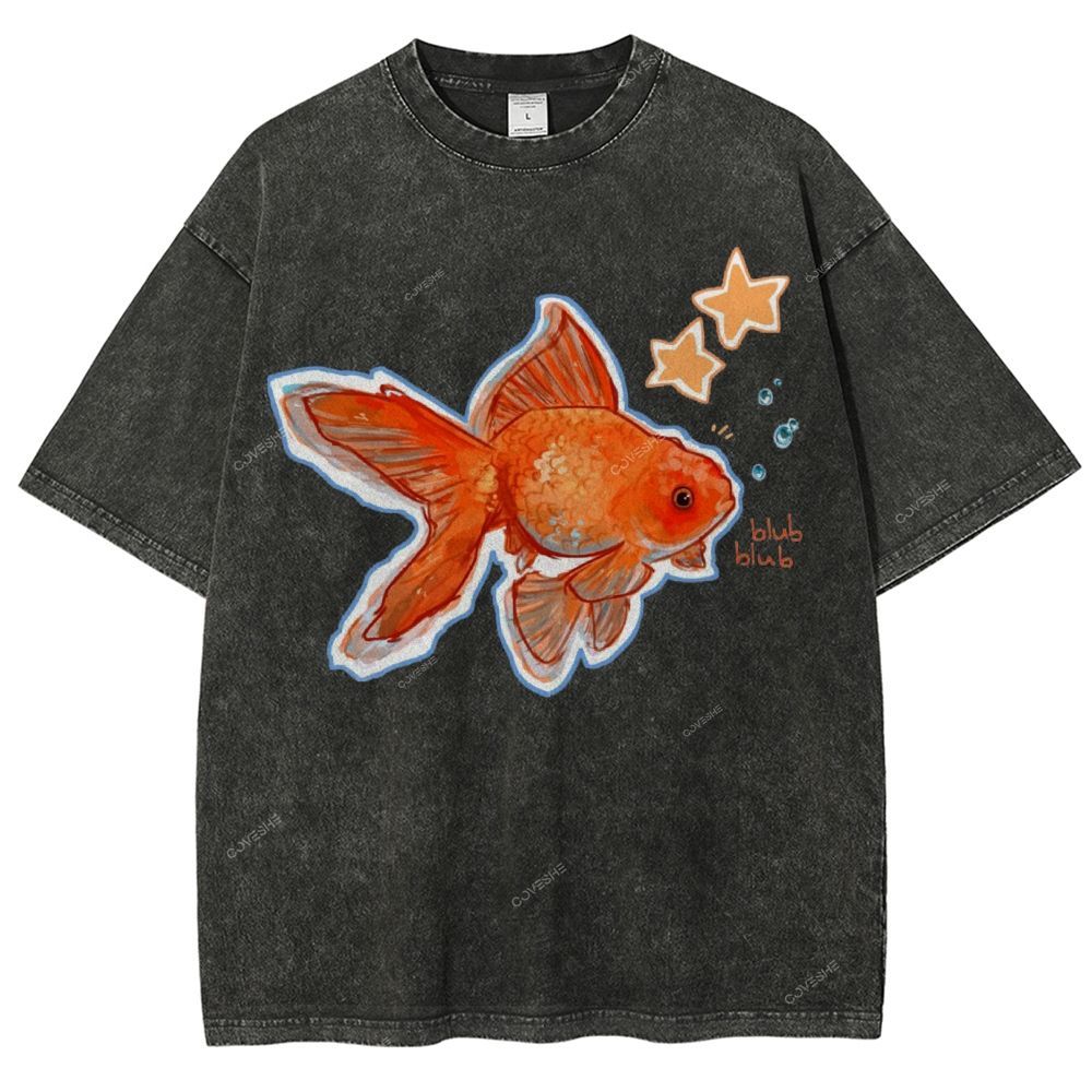 Unisex Goldfish Printed Washed Tee
