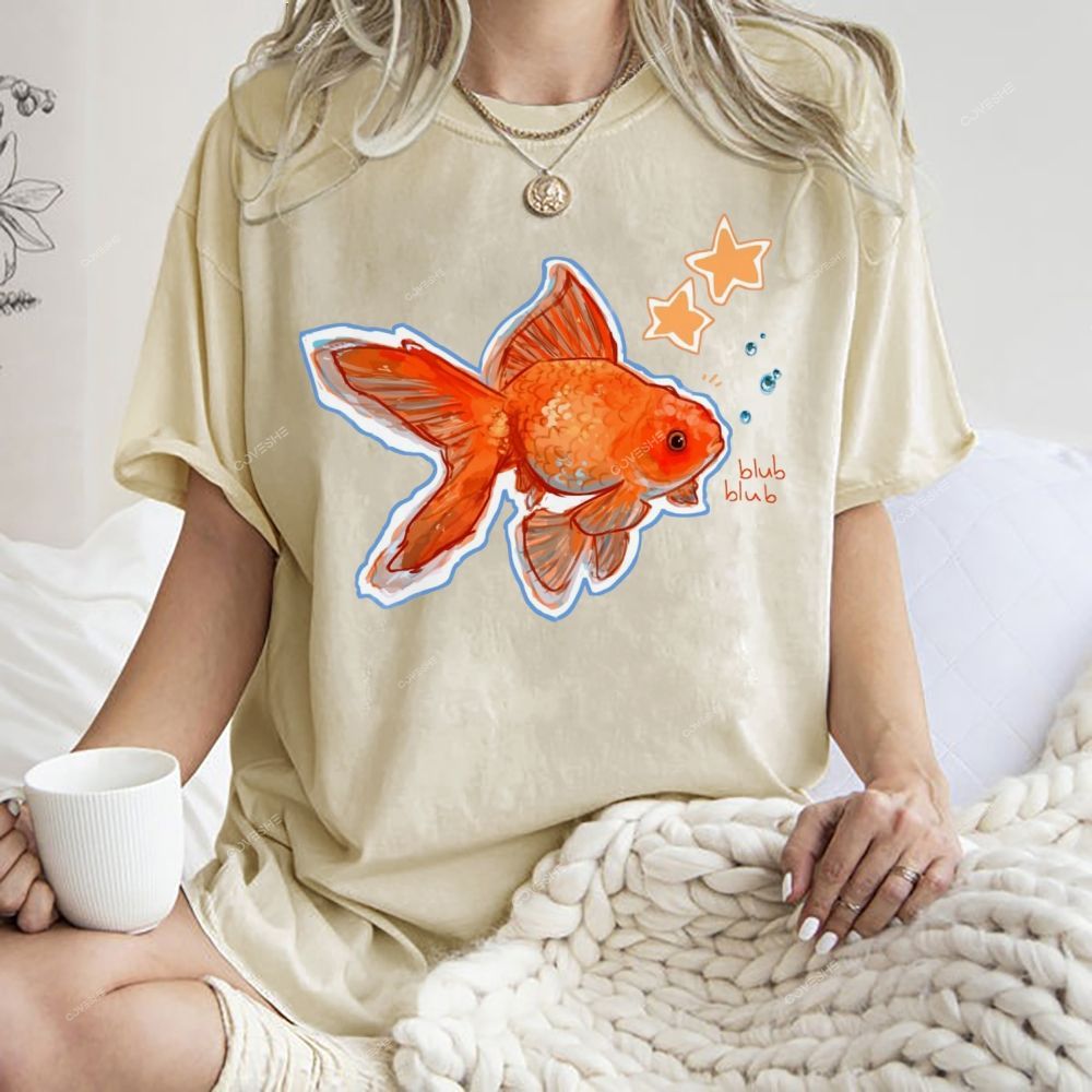 Unisex Goldfish Printed Washed Tee