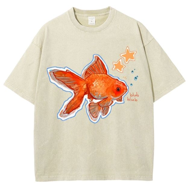 Unisex Goldfish Printed Washed Tee