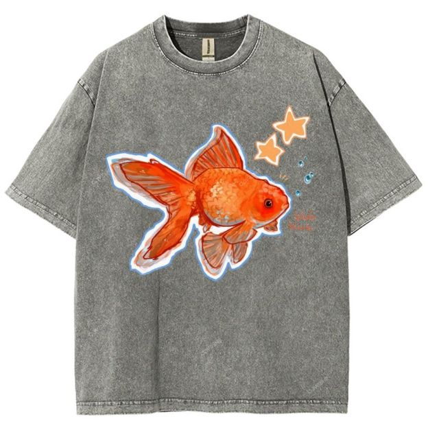 Unisex Goldfish Printed Washed Tee