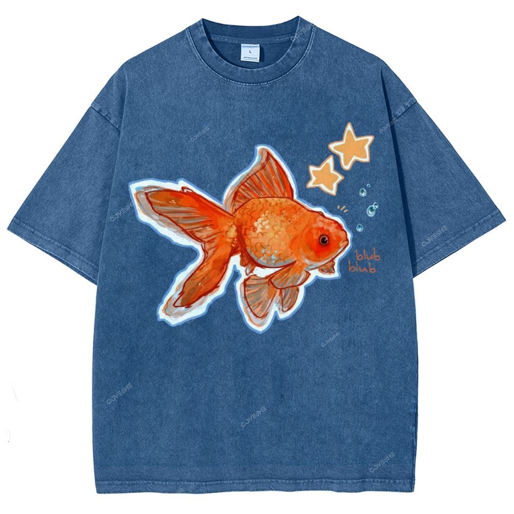 Unisex Goldfish Printed Washed Tee