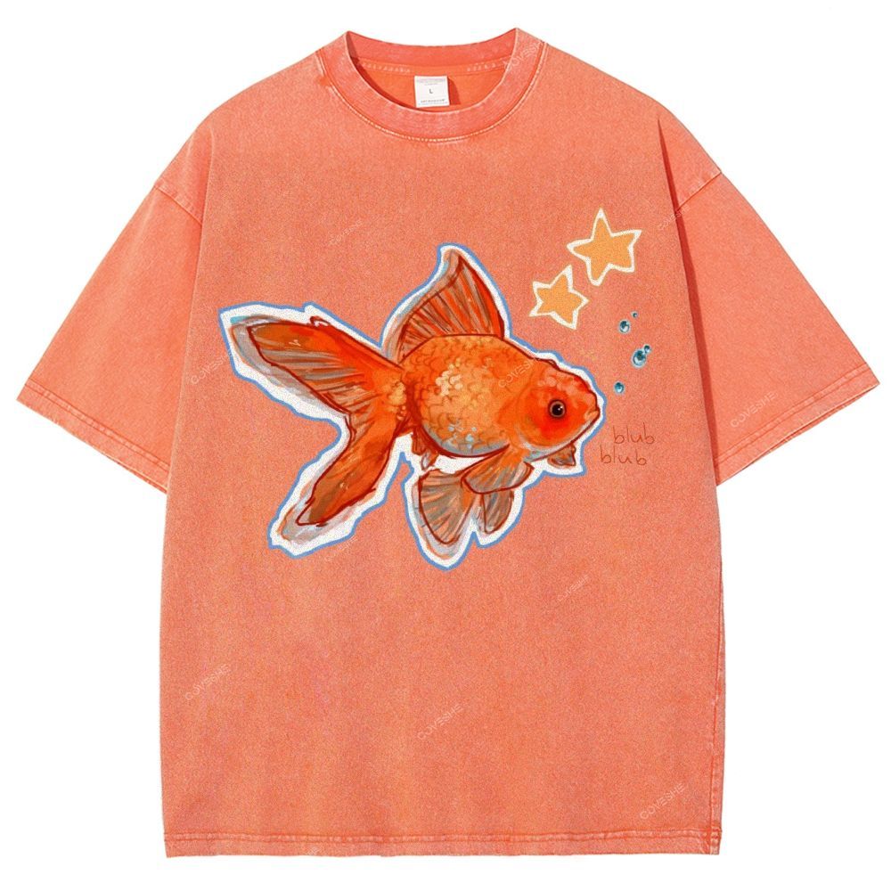 Unisex Goldfish Printed Washed Tee
