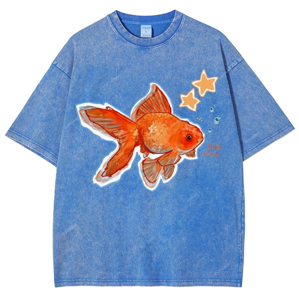Unisex Goldfish Printed Washed Tee