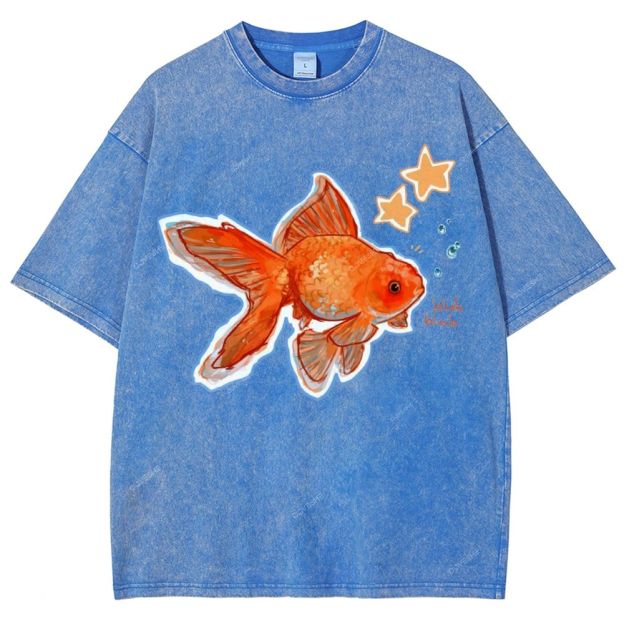 Unisex Goldfish Printed Washed Tee