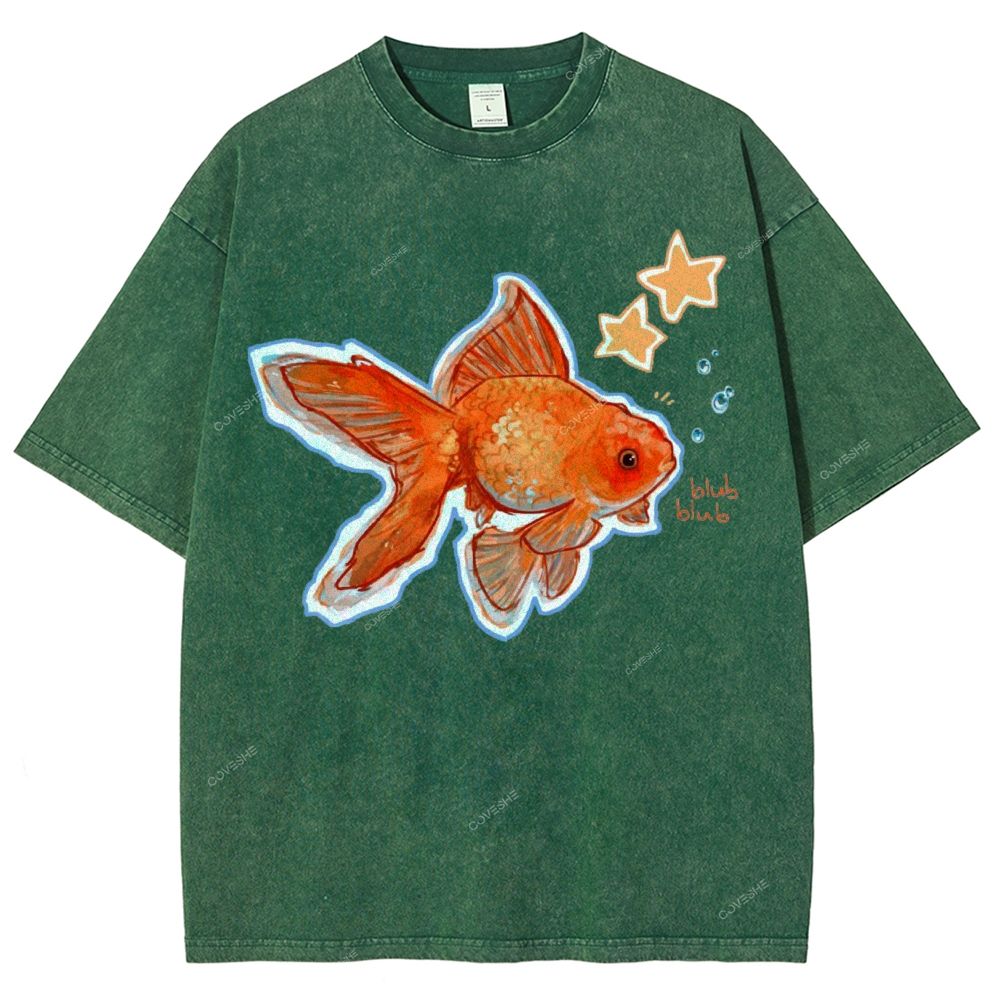 Unisex Goldfish Printed Washed Tee