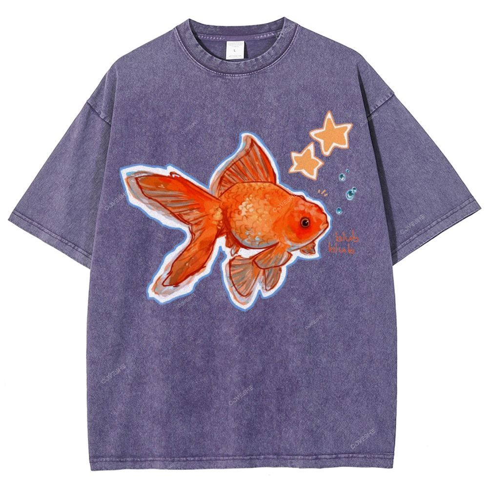 Unisex Goldfish Printed Washed Tee