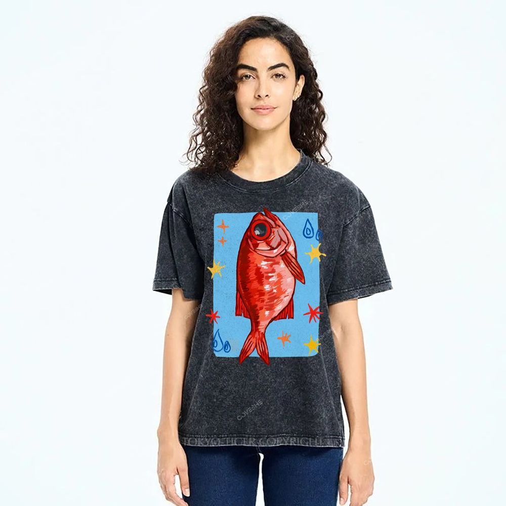 Unisex Red Fish Printed Washed Tee