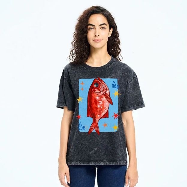 Unisex Red Fish Printed Washed Tee