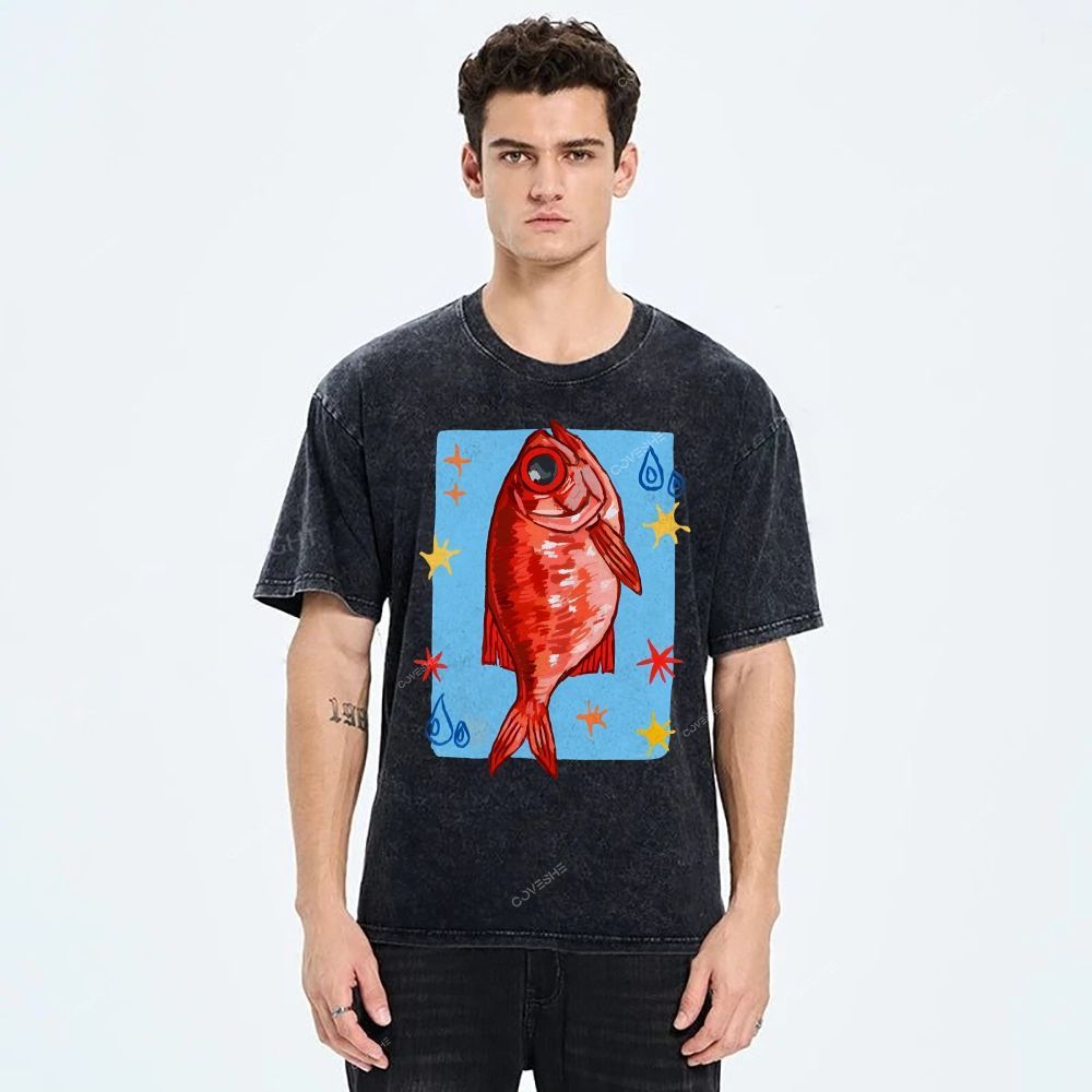 Unisex Red Fish Printed Washed Tee