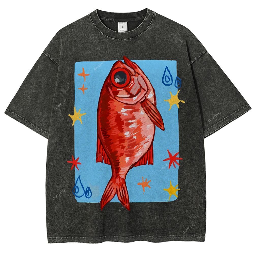 Unisex Red Fish Printed Washed Tee