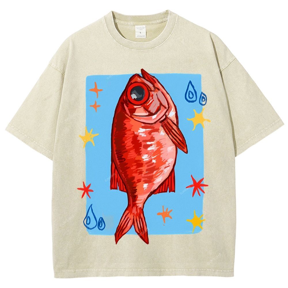 Unisex Red Fish Printed Washed Tee
