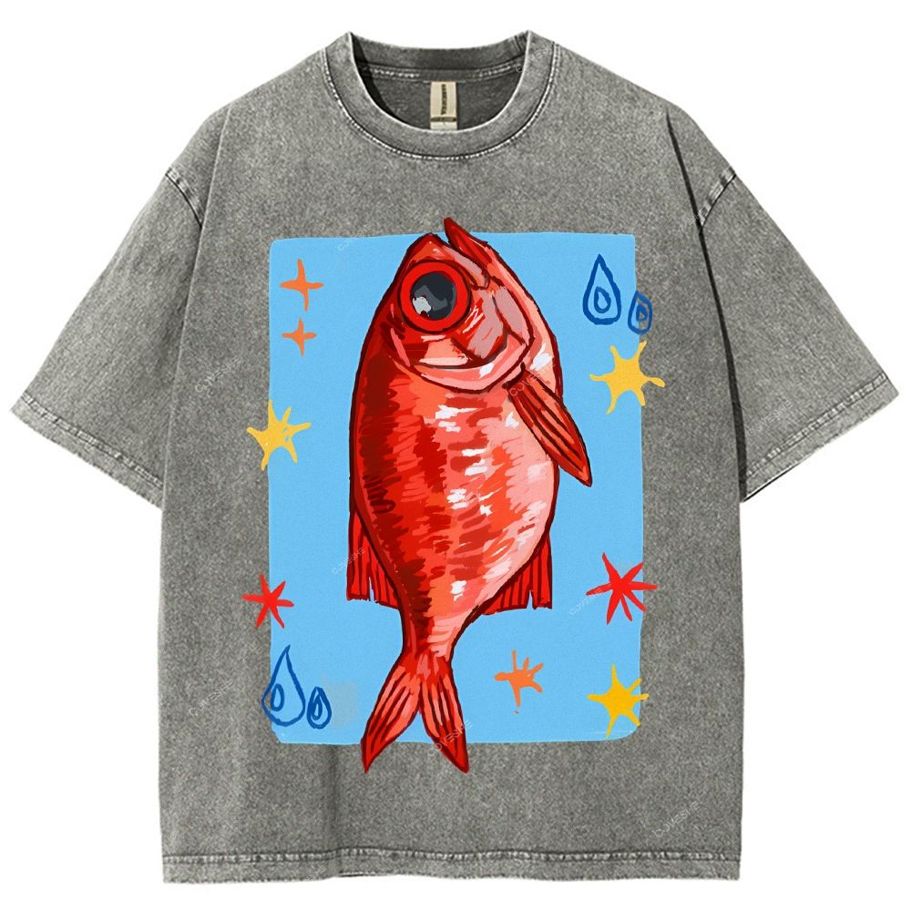 Unisex Red Fish Printed Washed Tee