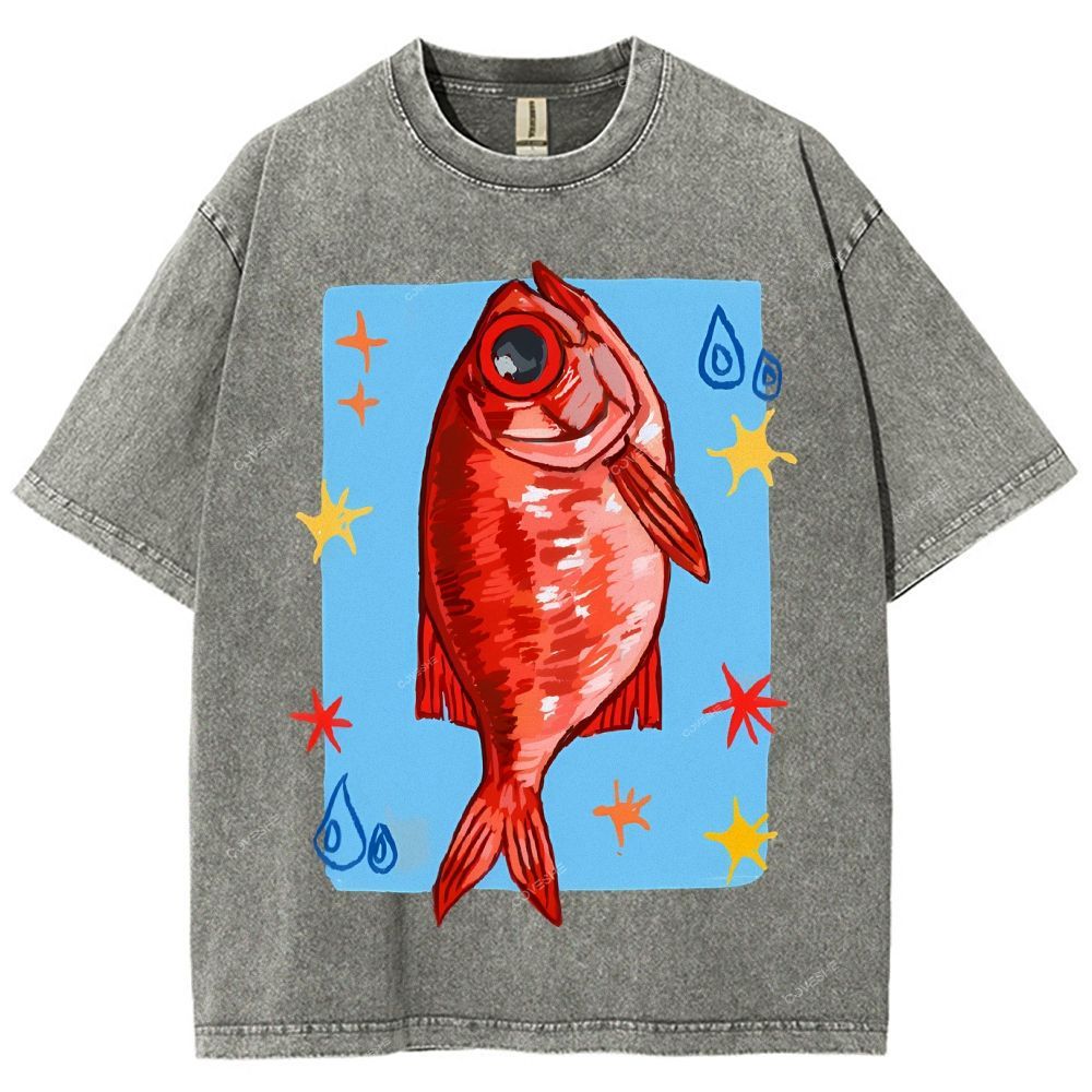 Unisex Red Fish Printed Washed Tee