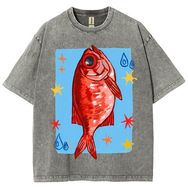Unisex Red Fish Printed Washed Tee