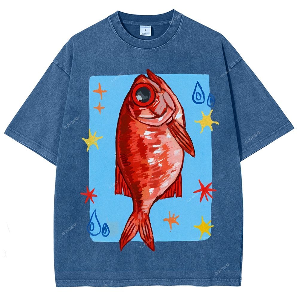 Unisex Red Fish Printed Washed Tee