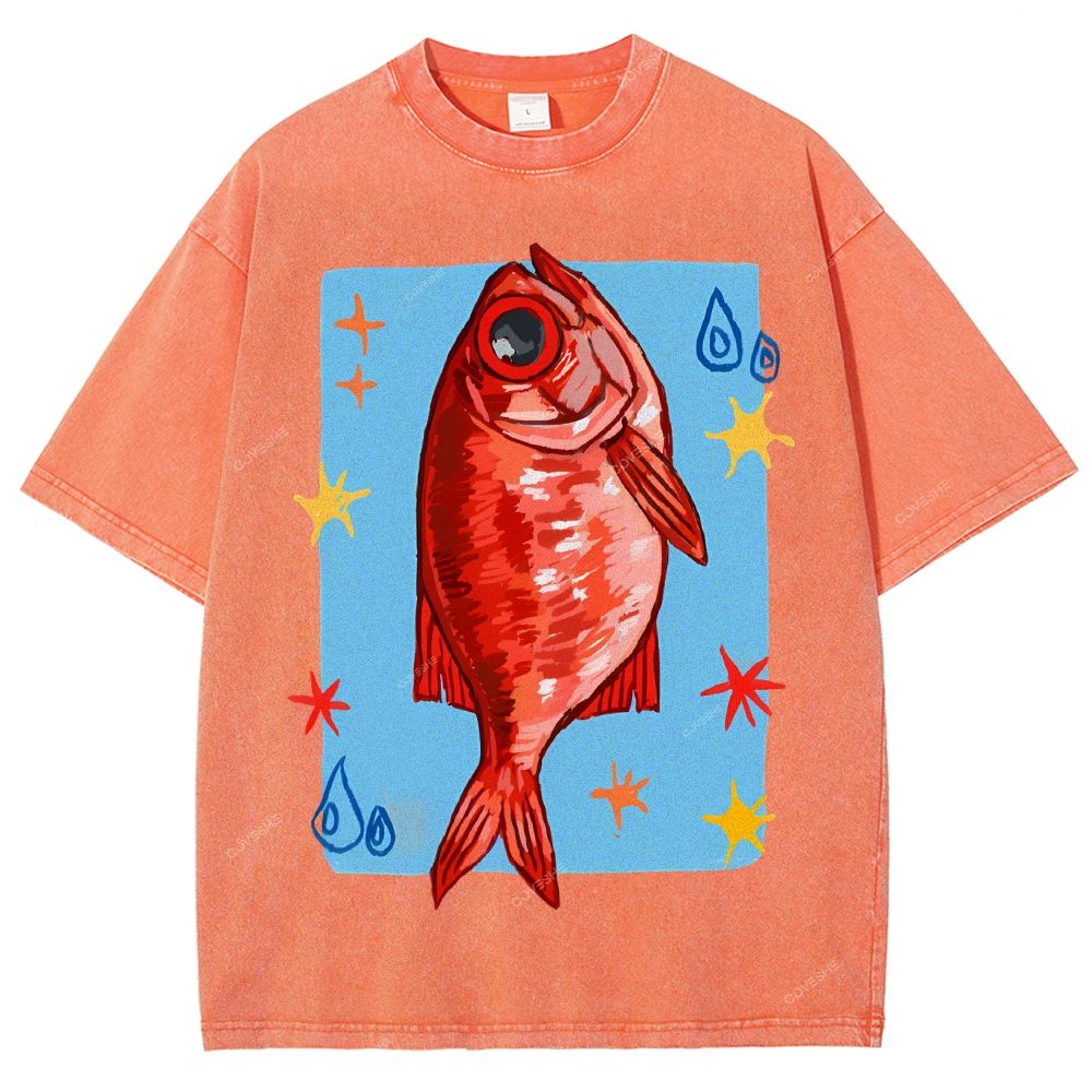 Unisex Red Fish Printed Washed Tee