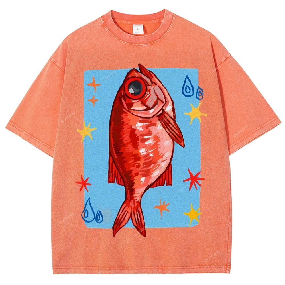 Unisex Red Fish Printed Washed Tee