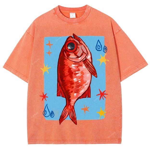 Unisex Red Fish Printed Washed Tee
