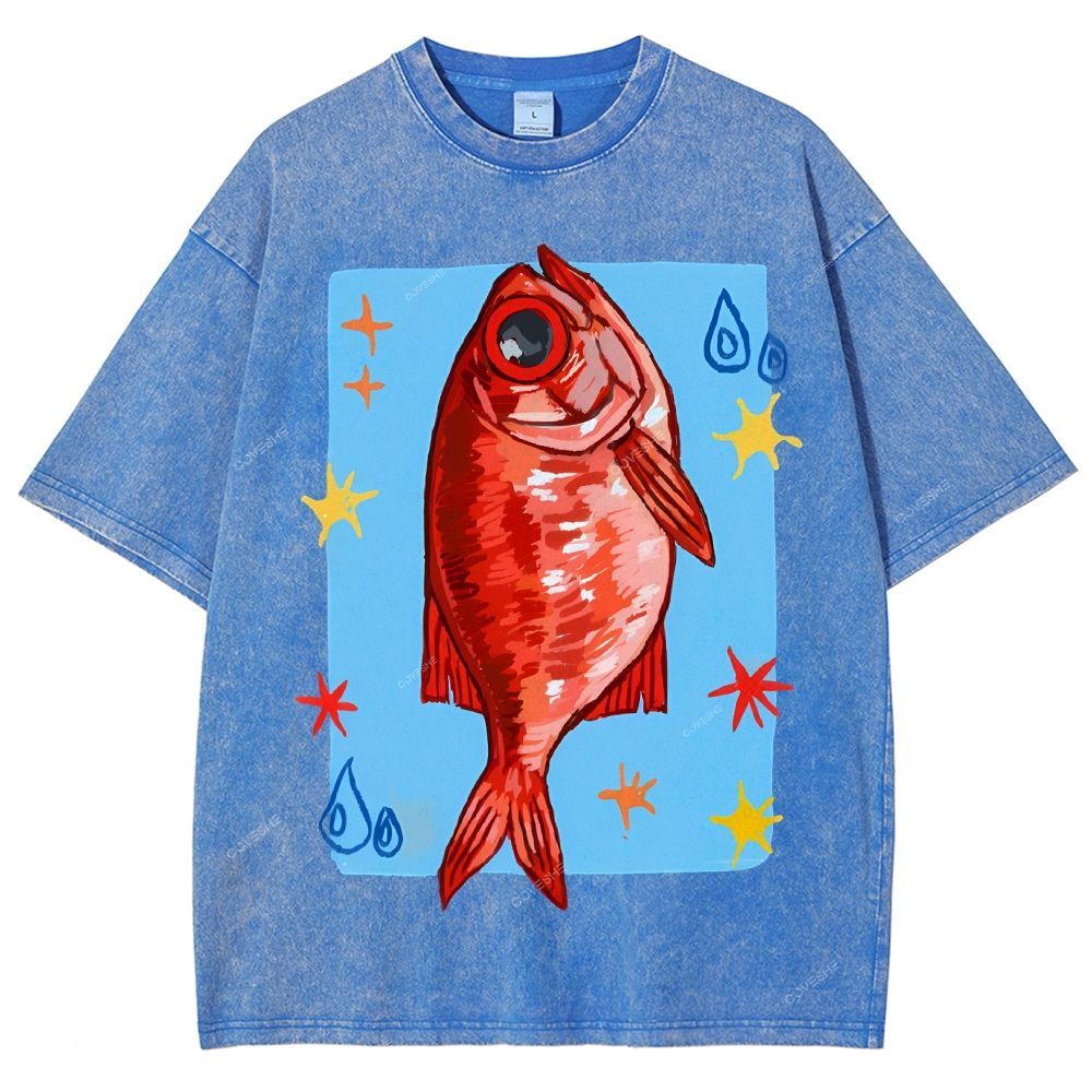 Unisex Red Fish Printed Washed Tee