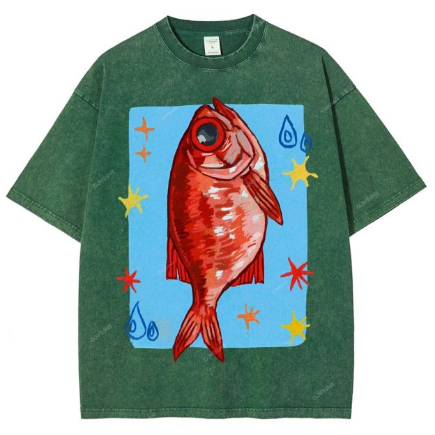 Unisex Red Fish Printed Washed Tee
