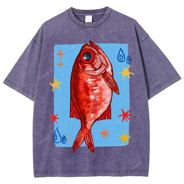 Unisex Red Fish Printed Washed Tee