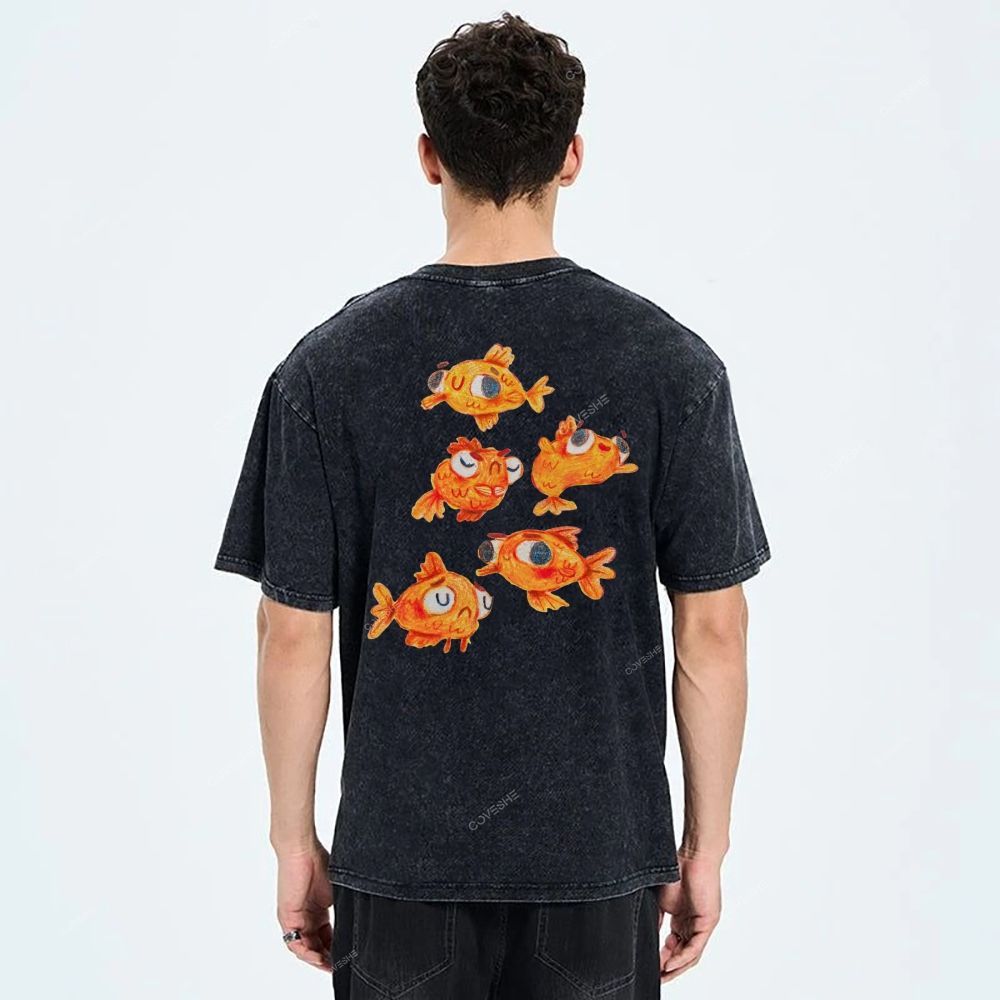 Unisex Art Goldfish Printed Washed Tee