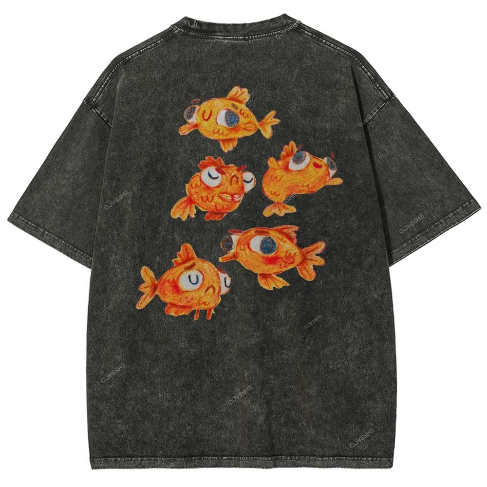 Unisex Art Goldfish Printed Washed Tee