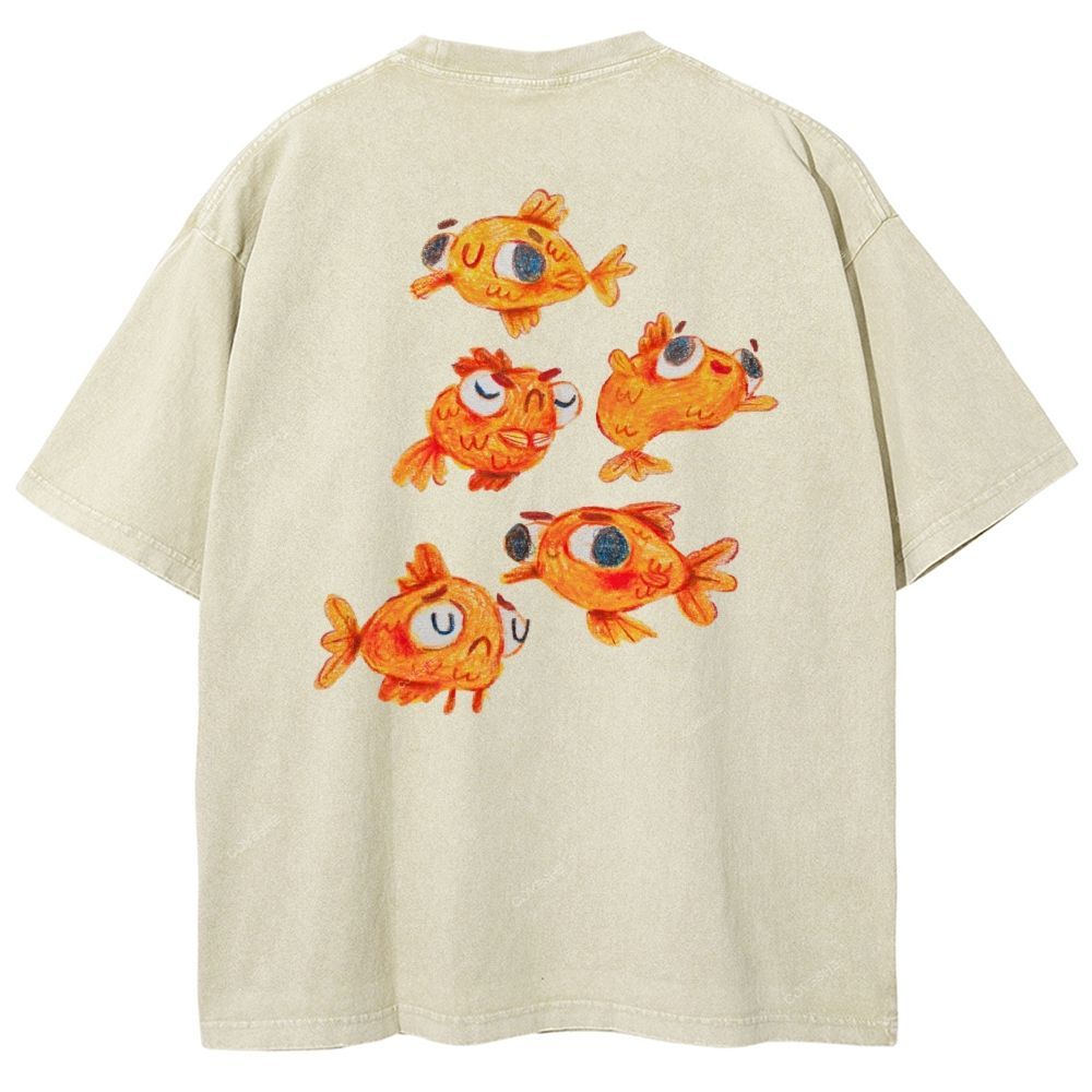 Unisex Art Goldfish Printed Washed Tee