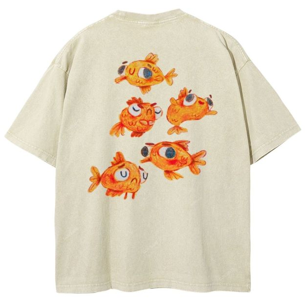 Unisex Art Goldfish Printed Washed Tee