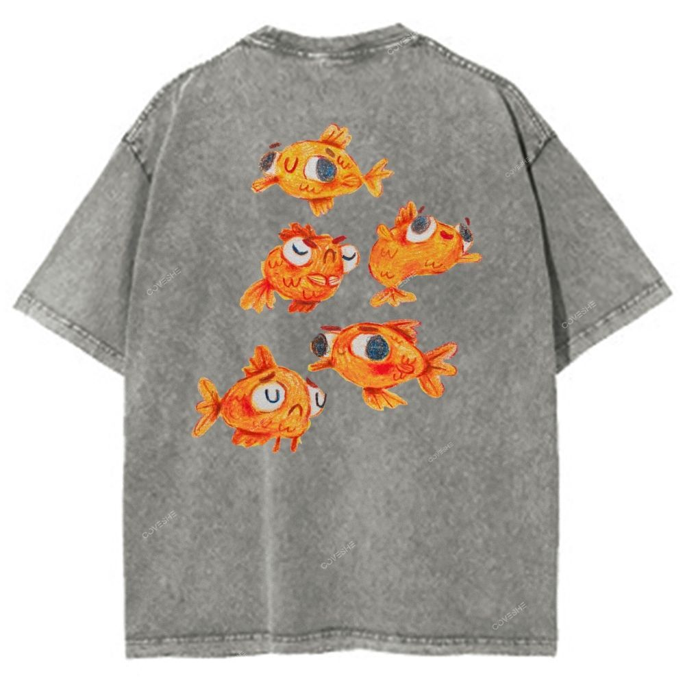 Unisex Art Goldfish Printed Washed Tee