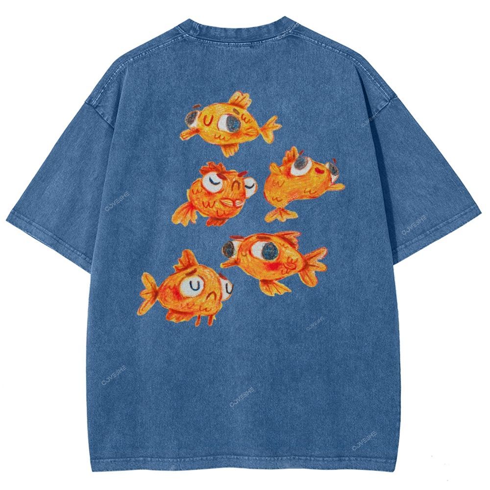 Unisex Art Goldfish Printed Washed Tee