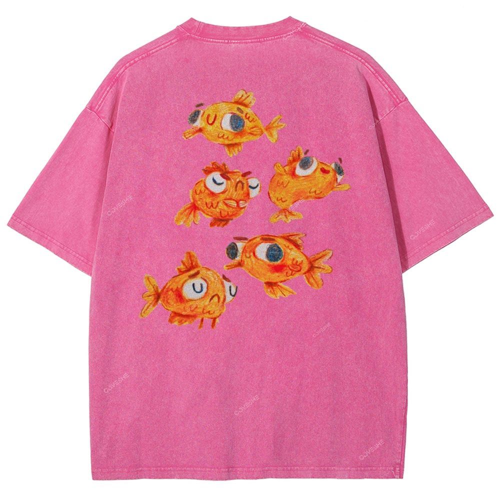 Unisex Art Goldfish Printed Washed Tee