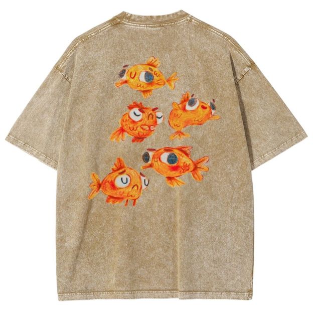 Unisex Art Goldfish Printed Washed Tee