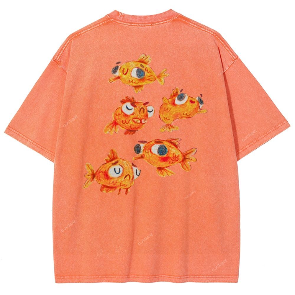 Unisex Art Goldfish Printed Washed Tee