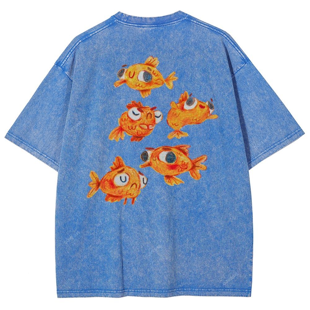 Unisex Art Goldfish Printed Washed Tee