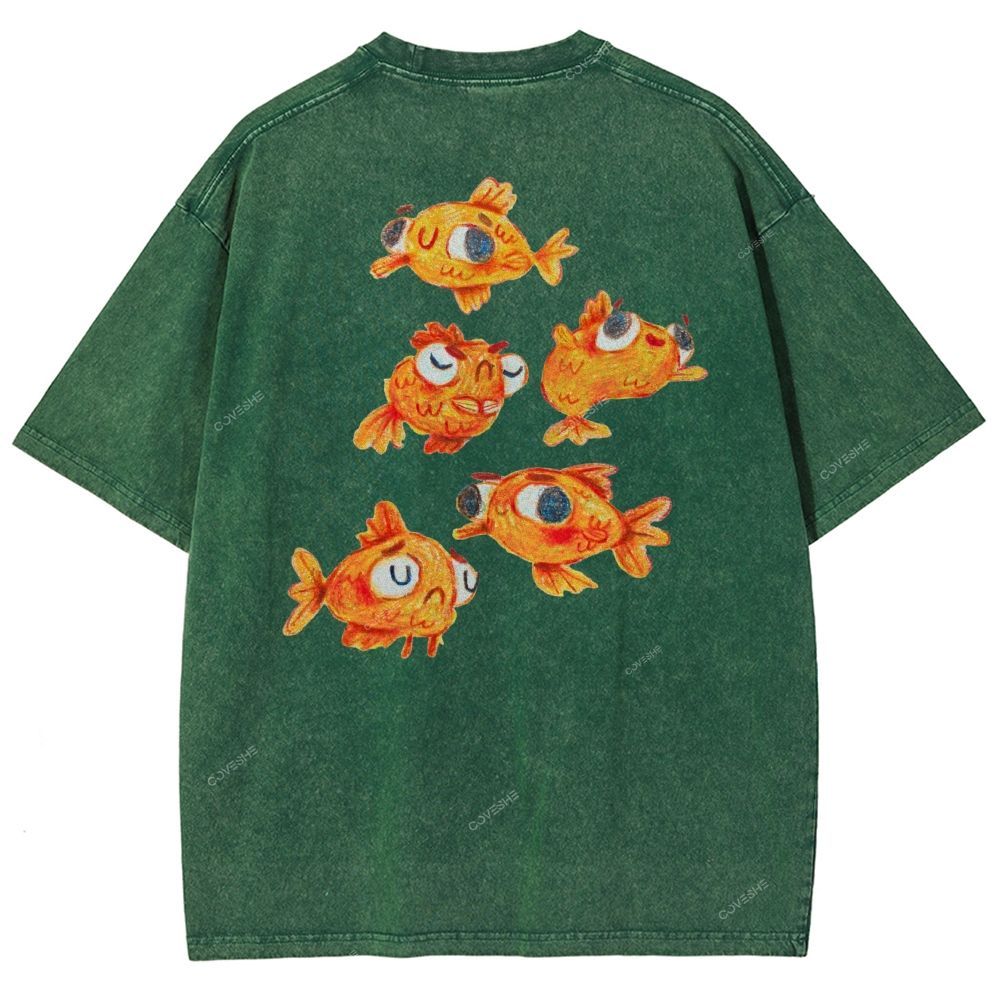 Unisex Art Goldfish Printed Washed Tee