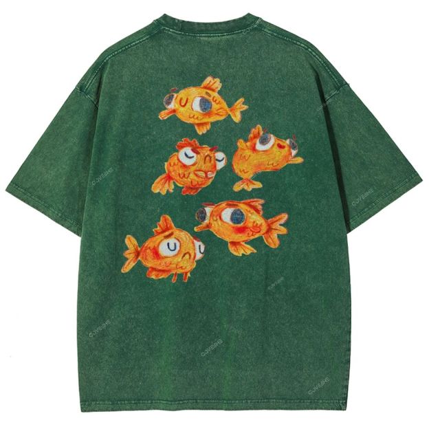 Unisex Art Goldfish Printed Washed Tee
