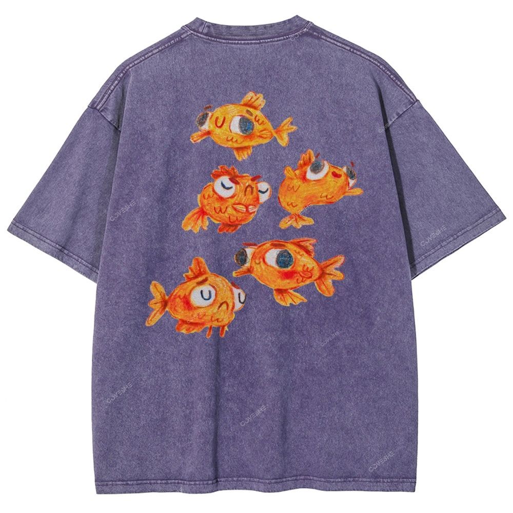 Unisex Art Goldfish Printed Washed Tee