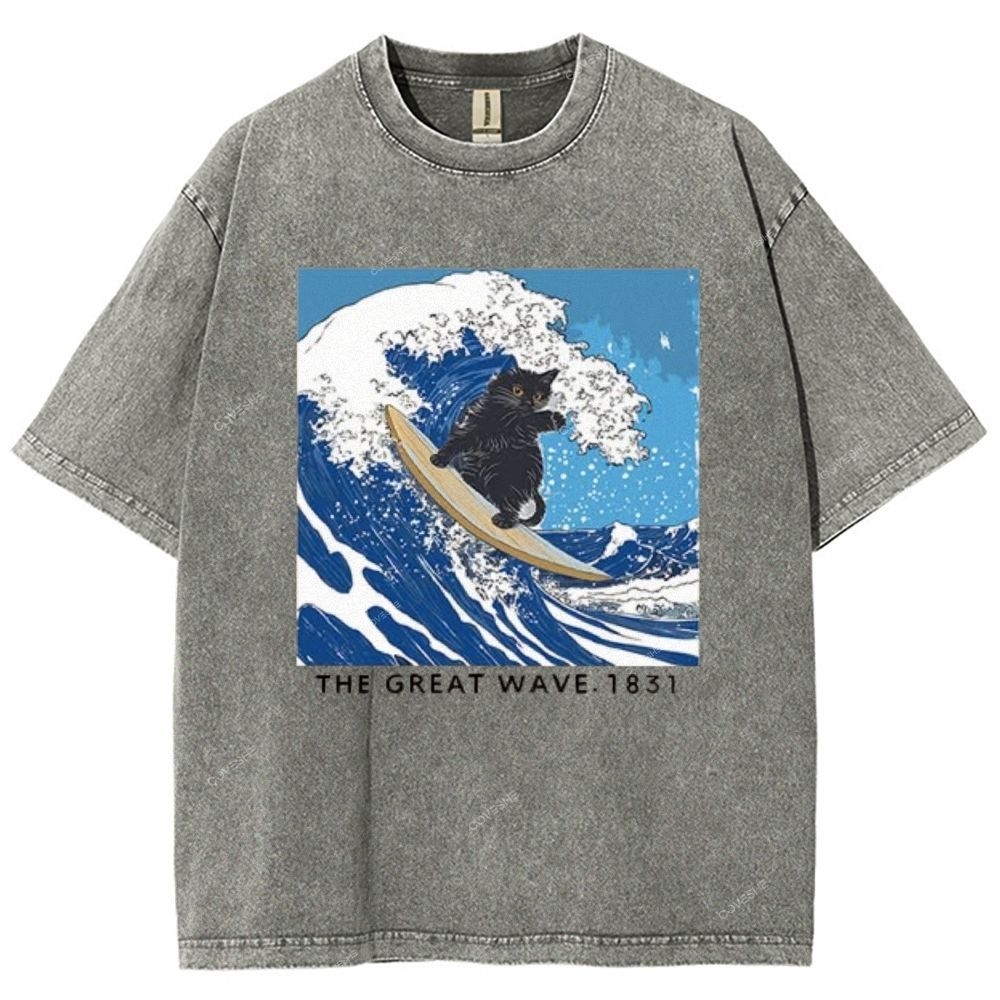 Unisex The Great Wave Printed Washed Tee