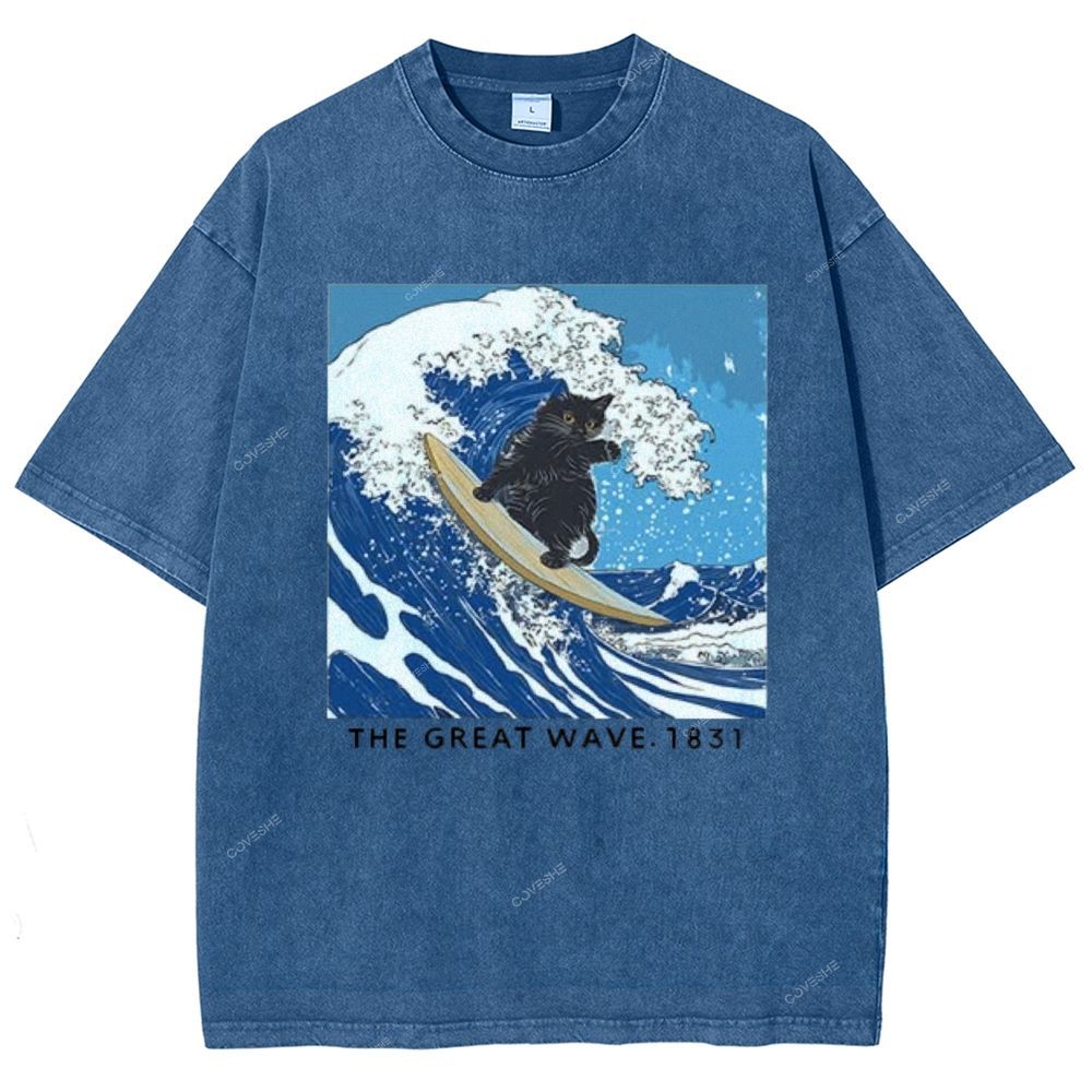 Unisex The Great Wave Printed Washed Tee