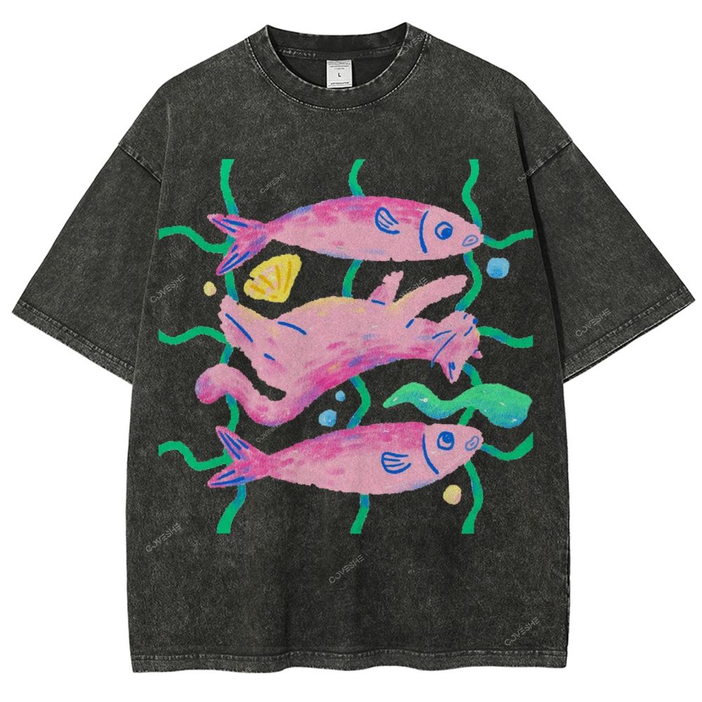 Unisex Pink Fish Printed Washed Tee