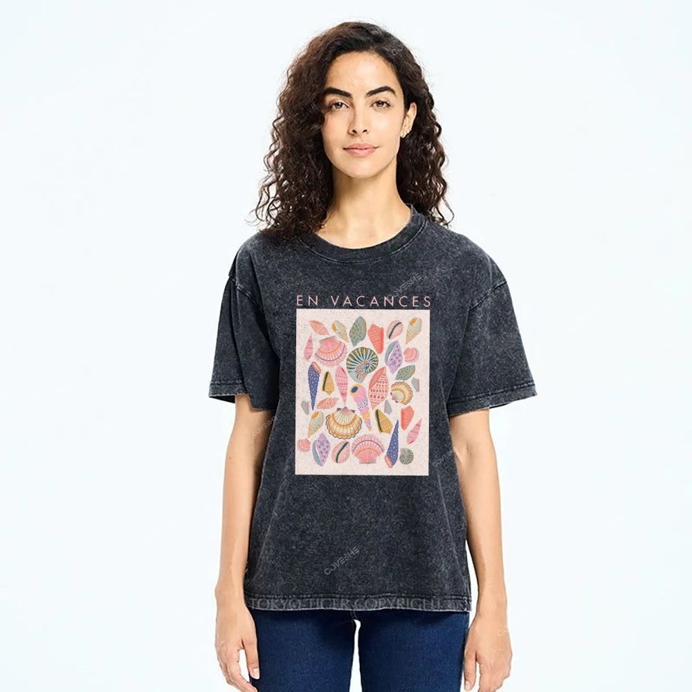 Unisex Colorful Shells Printed Washed Tee