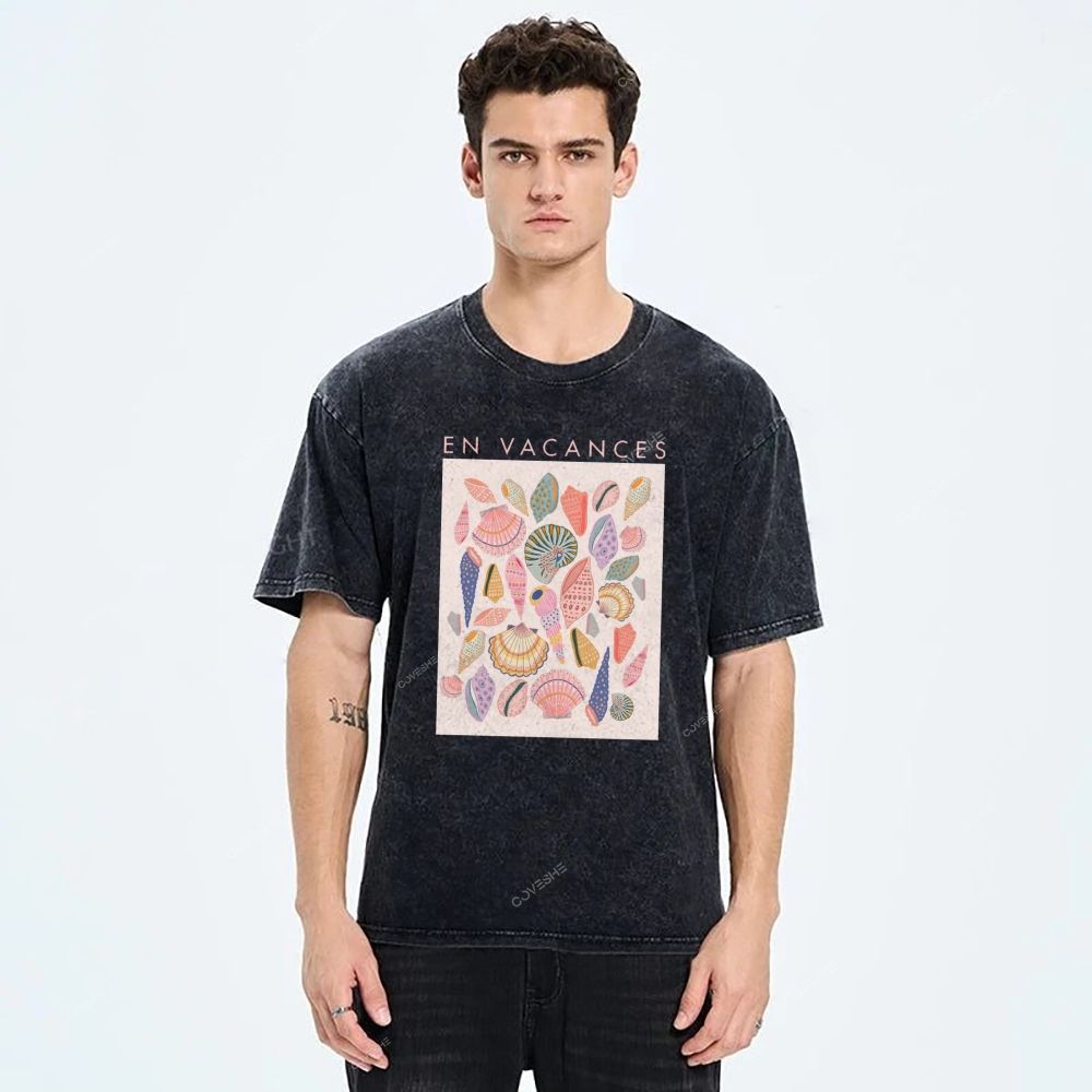 Unisex Colorful Shells Printed Washed Tee