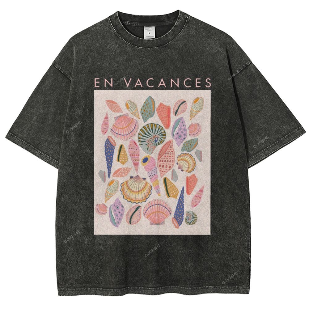 Unisex Colorful Shells Printed Washed Tee