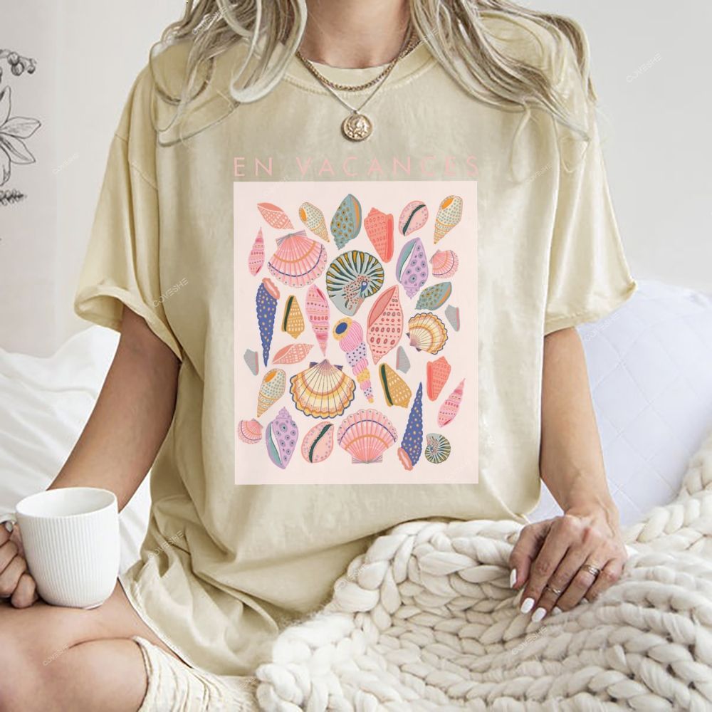 Unisex Colorful Shells Printed Washed Tee