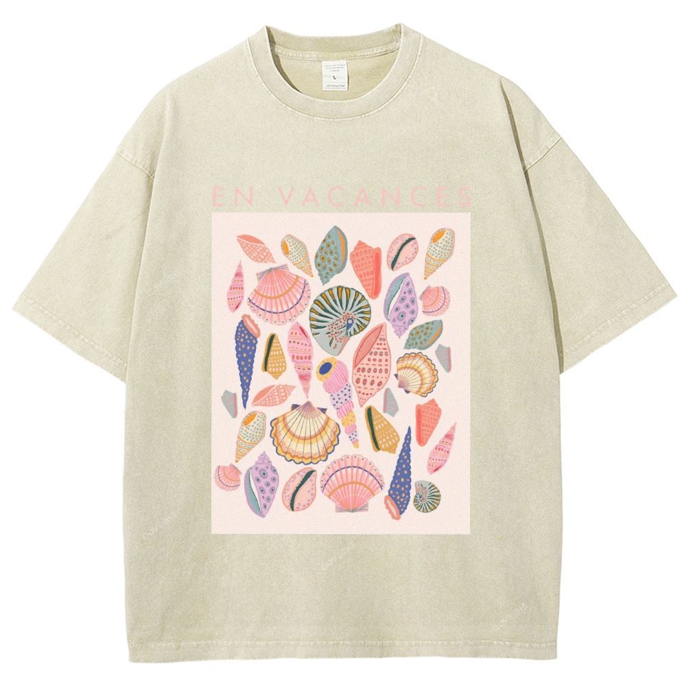 Unisex Colorful Shells Printed Washed Tee